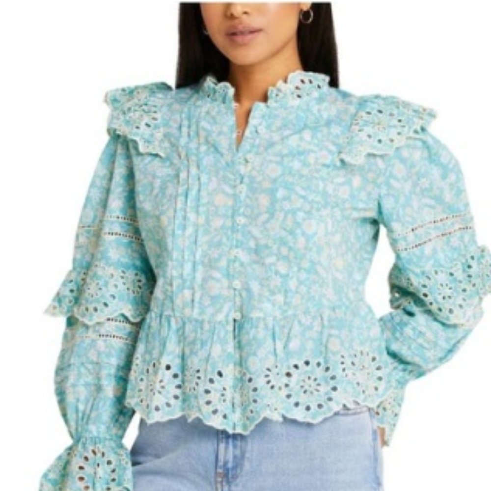 RIVER ISLAND Women's Floral Ruffle Neck Blouse Blue Size 8